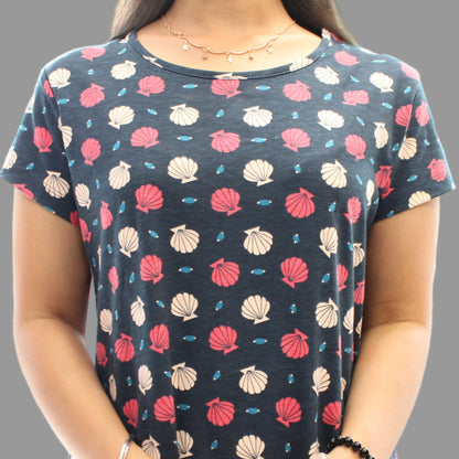 close up view of navy all over floral print cotton short nighty 