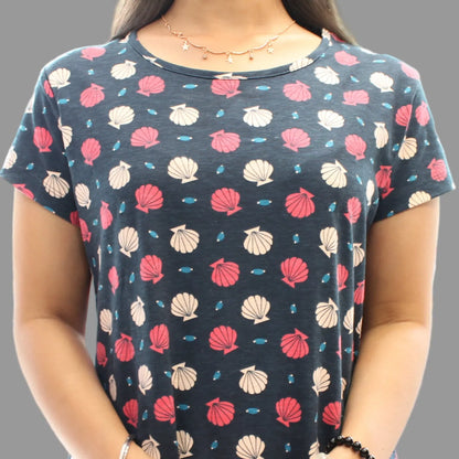 close up view of navy all over floral print cotton short nighty 