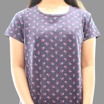 close up view of navy night short gown with all over print 