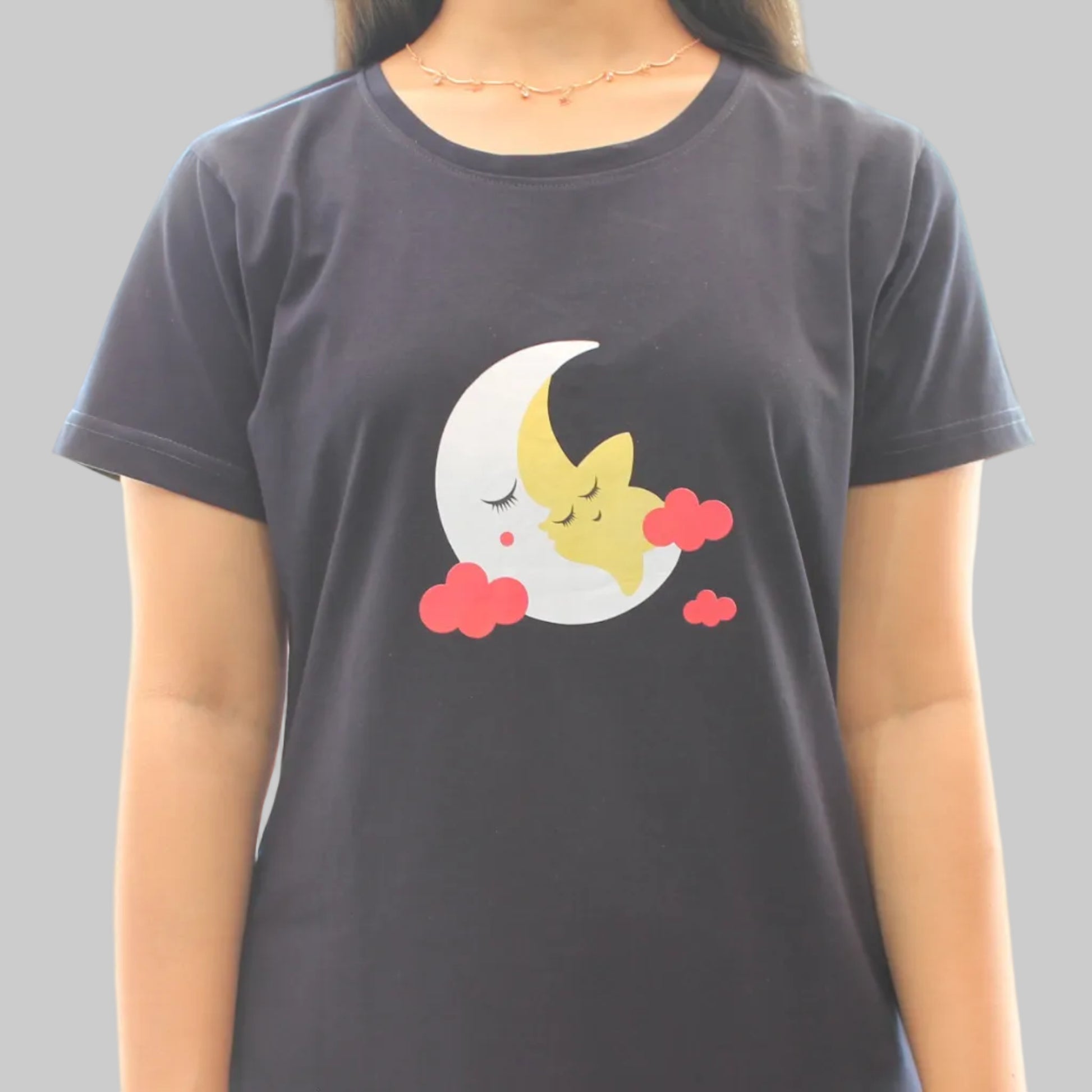 close up view of moon design in dark navy short nighty