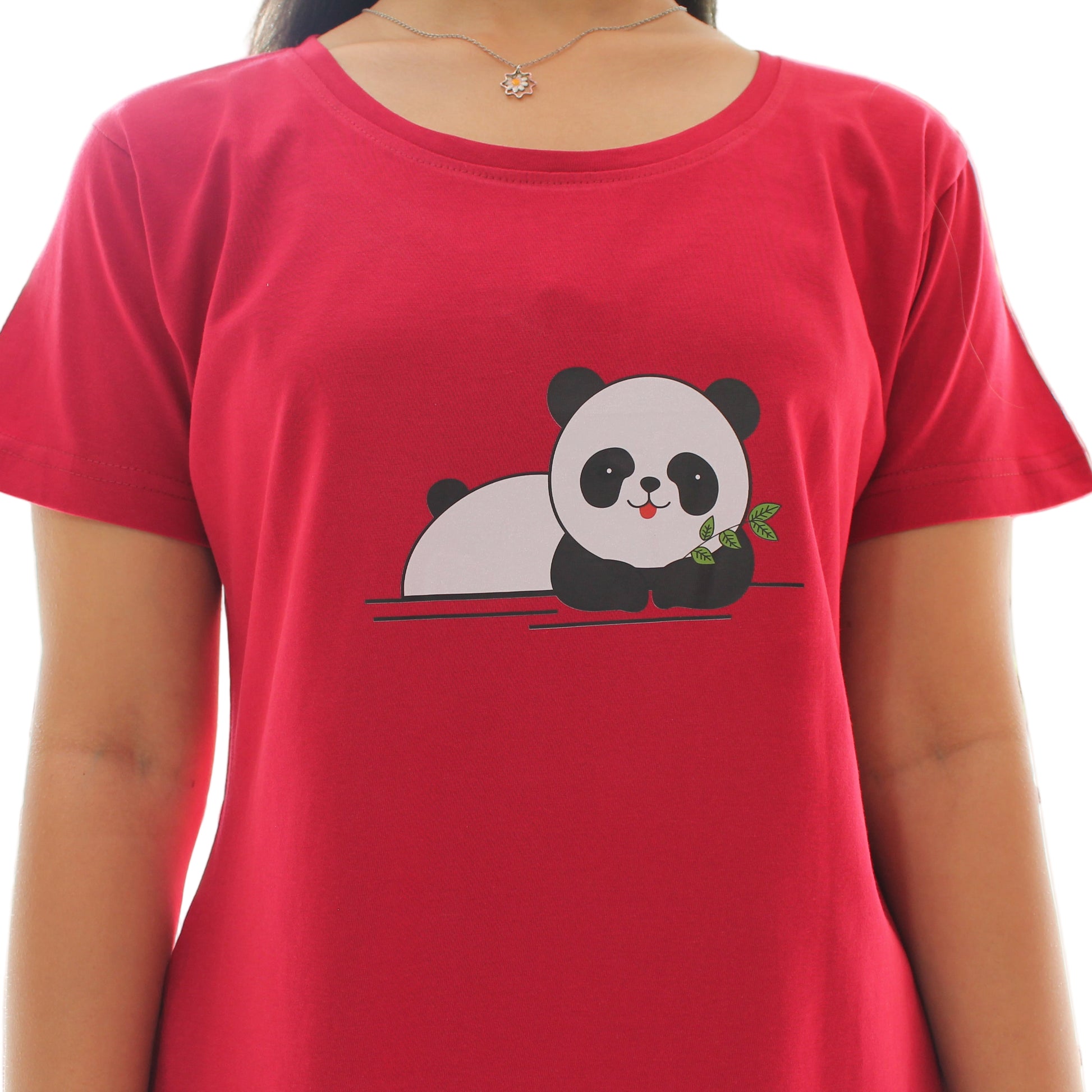 close up view of panda design in red color short nighty
