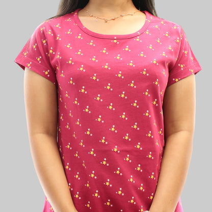 women wearing red color short nighty, close up view , yellow color star design printed 