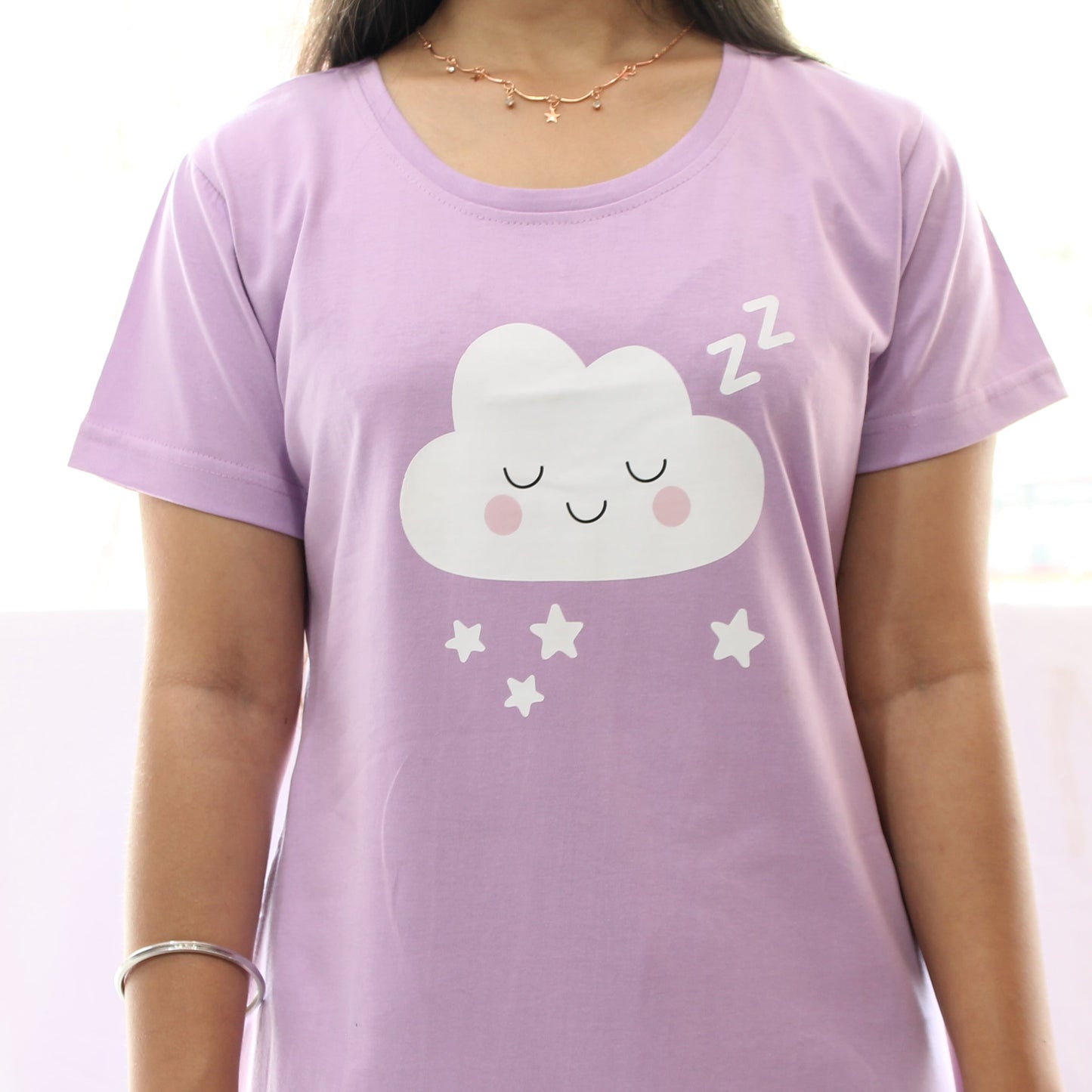 closeup view of cloud design in a cotton lavender color cotton short nighty