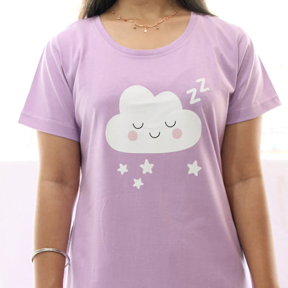 closeup view of cloud design in a cotton lavender color cotton short nighty