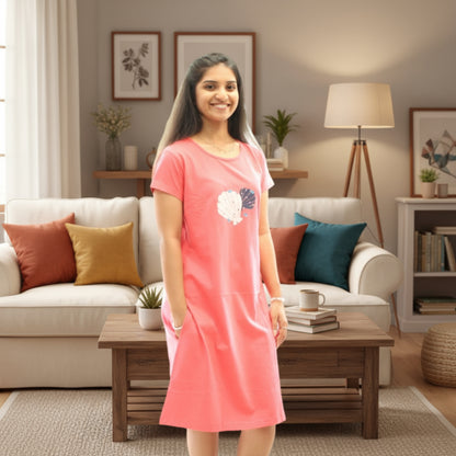 women wearing coral color cotton short nighty with pocke