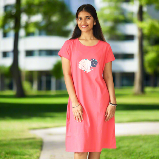 Cotton Knee Length T-Shirt Dress - Coral