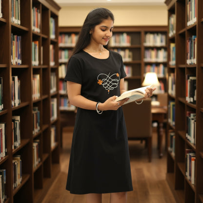 women wearing black cotton short nighty, holding a book and reading