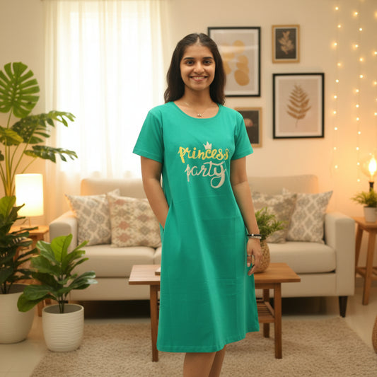 Women wearing a cotton pink color knee length short nighty with pocket