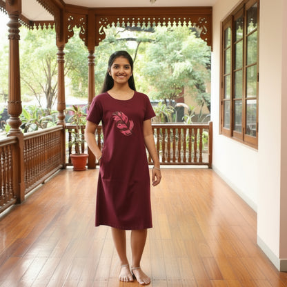 women wearing dark wine cotton short nighty with hands in pocket