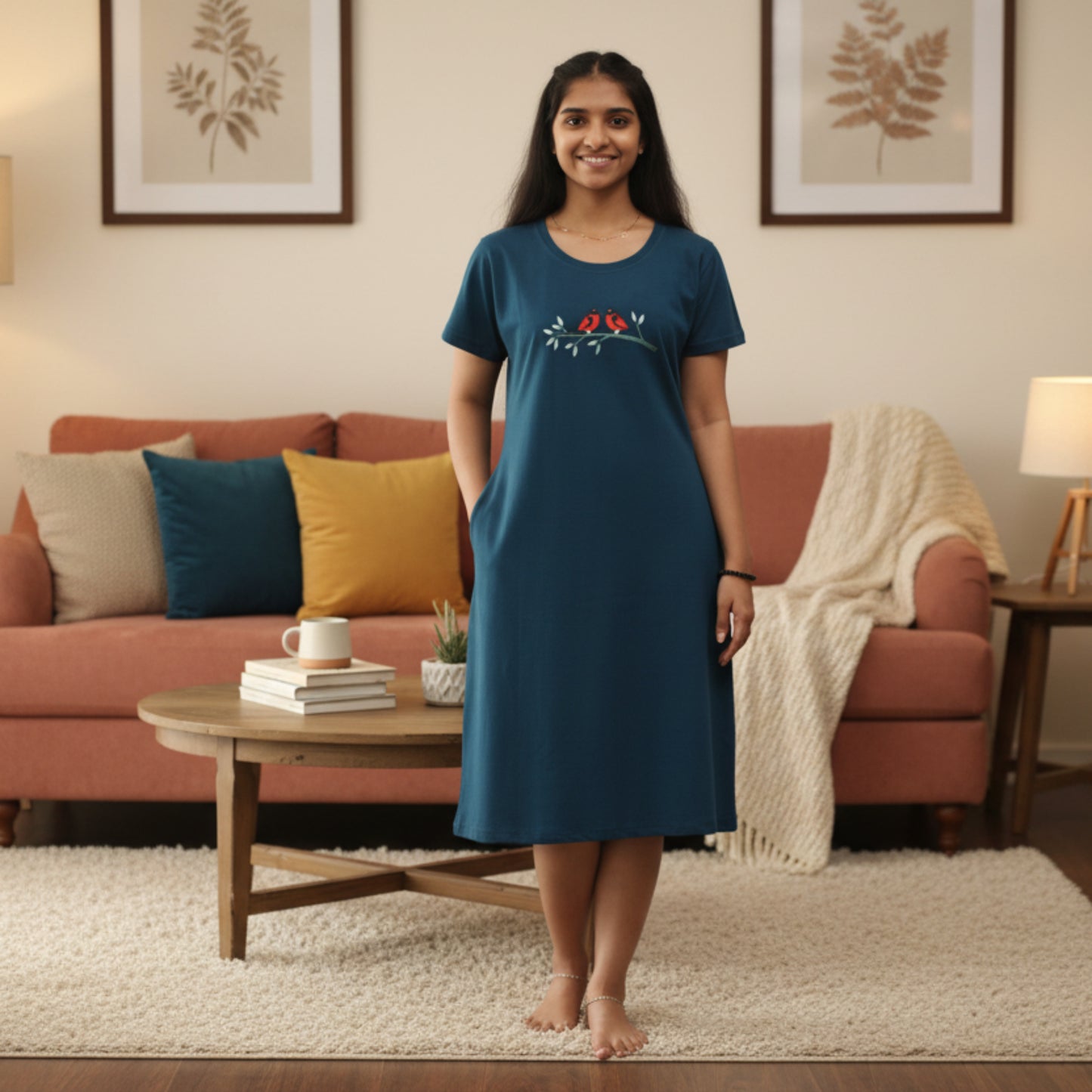 women wearing a cotton knee length short nighty with design in chest area