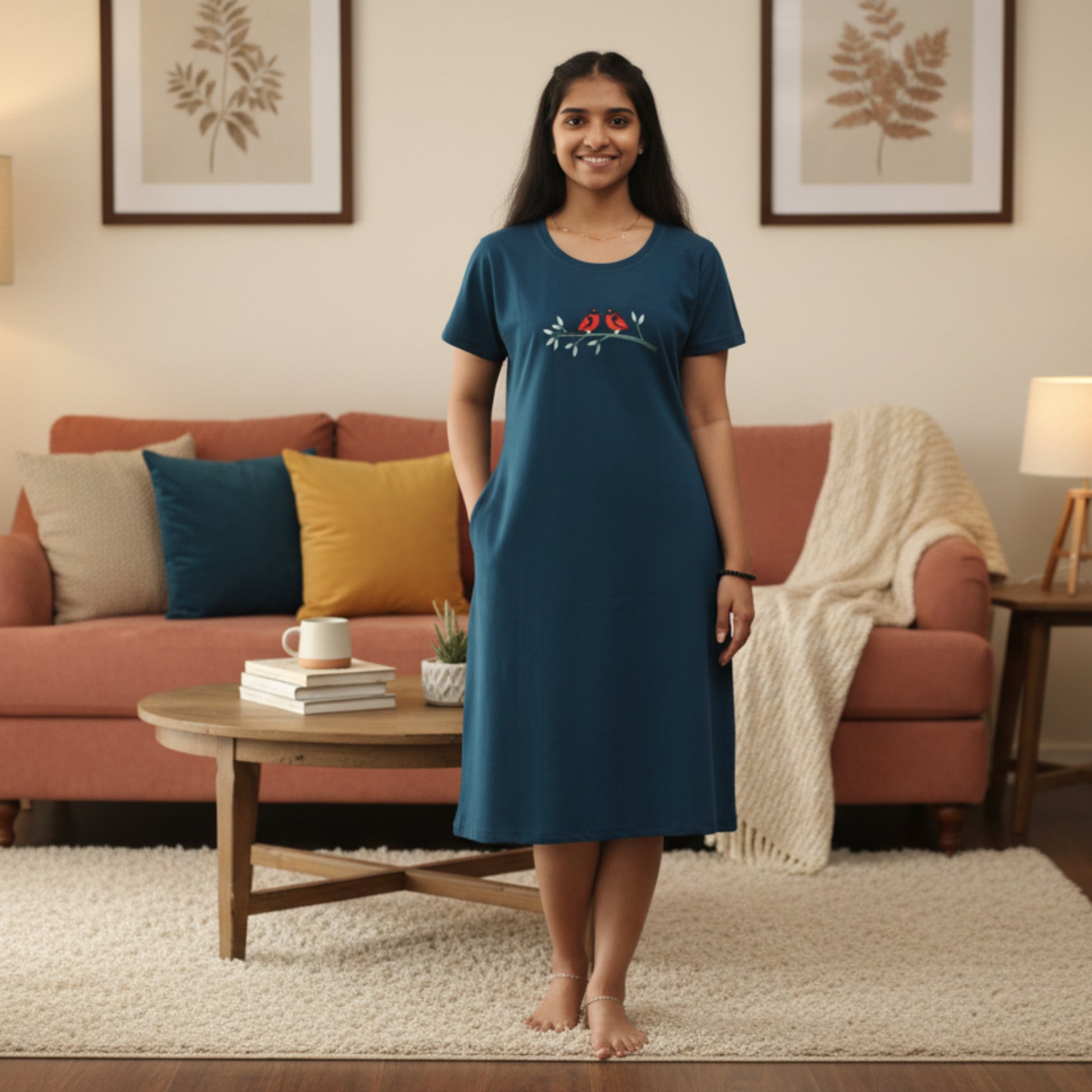 women wearing a cotton knee length short nighty with design in chest area