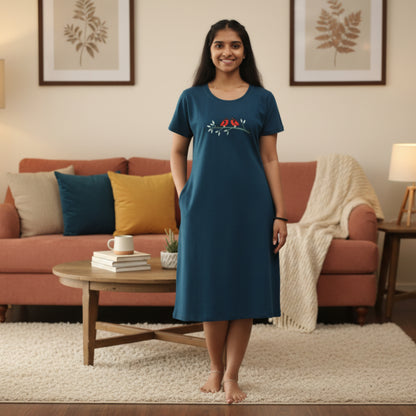 women wearing a cotton knee length short nighty with design in chest area