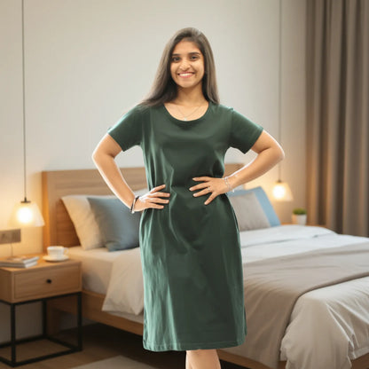 women wearing bottle green color cotton knee length t shirt dress 