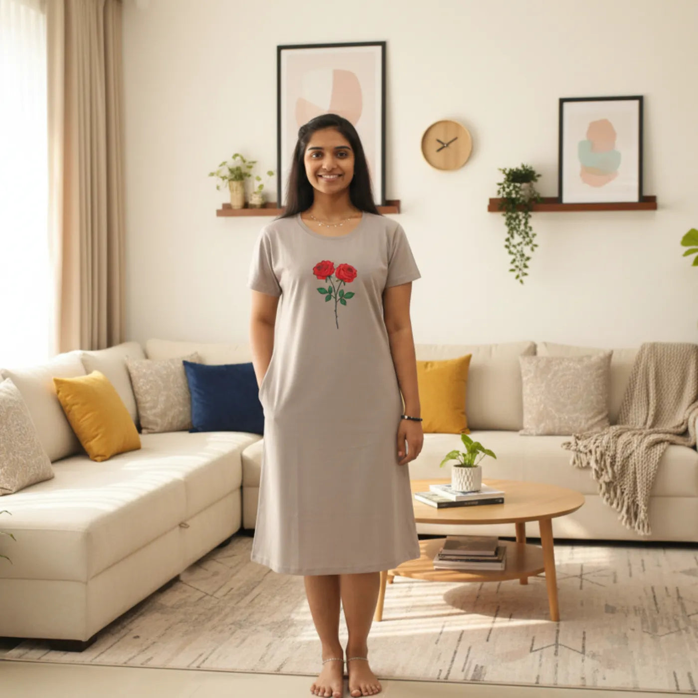 women wearing light grey color cotton knee length t shirt dress with floral design in chest area