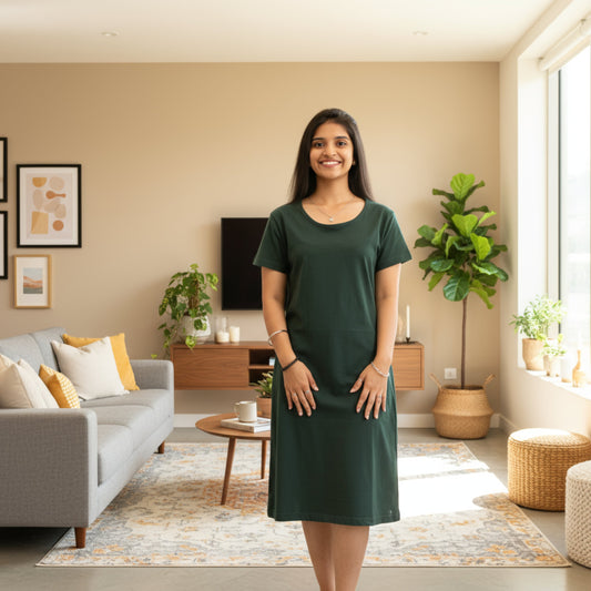 Woman in a green dress standing in a living room with decor elements.