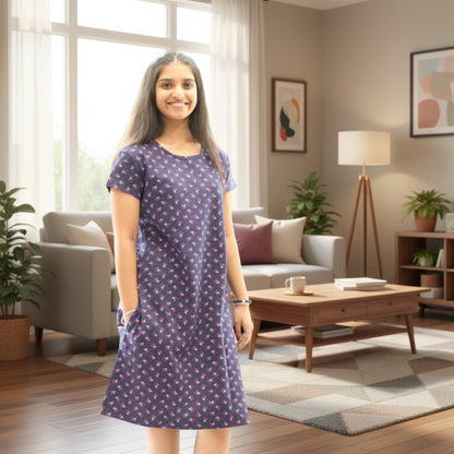 women wearing navy blue color cotton knee length short nighty with all over print, hands in pocket 