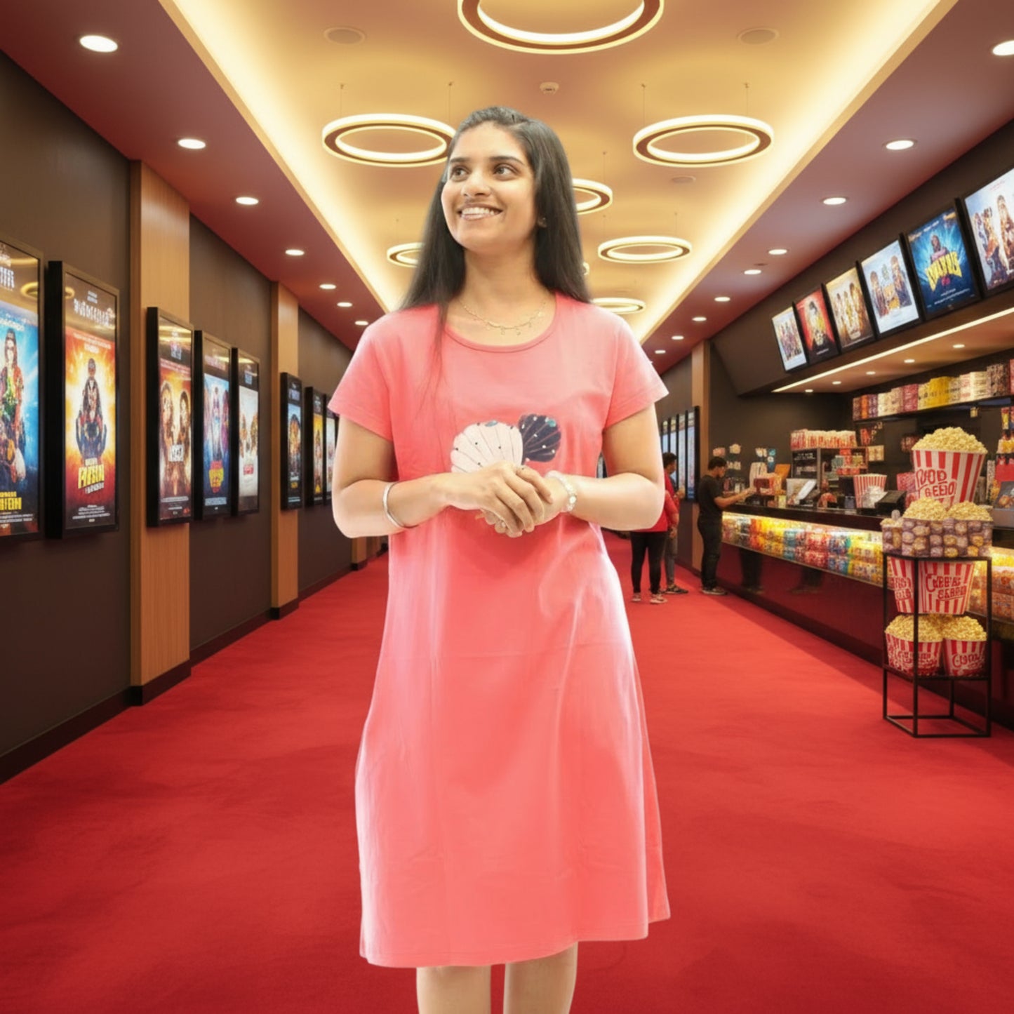 women wearing cotton short nighty with floral design print on chest area