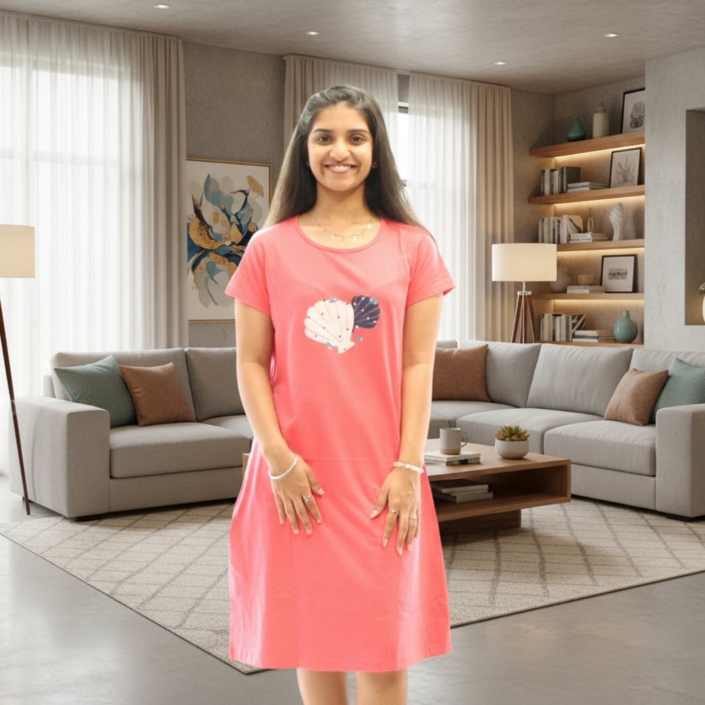 women wearing cotton knee length short nighty with print on chest area