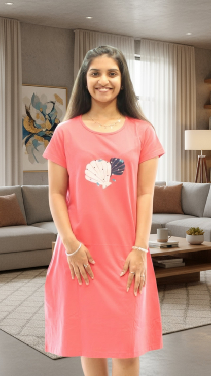 Women's Cotton Knee Length Short Nighty with Pocket - Coral