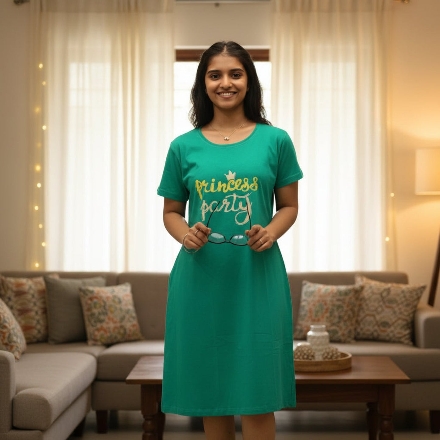 women wearing rama green color cotton short nighty with pocket