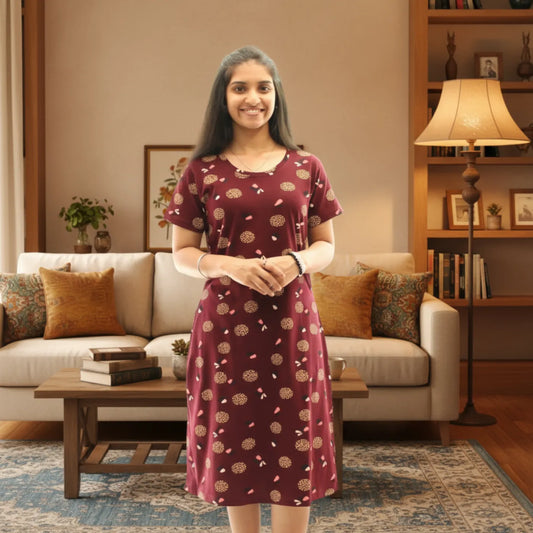 women wearing dark maroon cotton knee length short nighty with all over print design