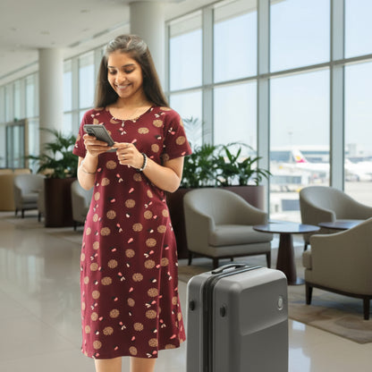 women wearing dark maroon cotton knee length short nighty with all over print design