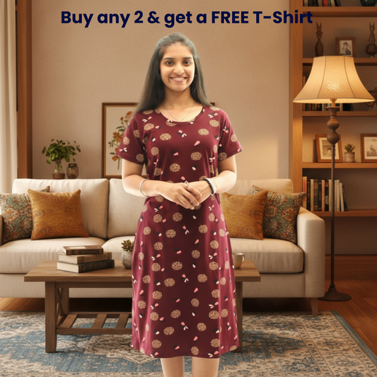 Women's Cotton Printed Knee Length Short Nighty with Pocket - Dark Maroon