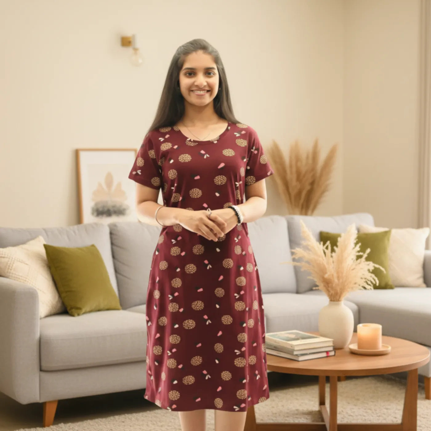 Women wearing a cotton knee length maroon color dress with pocket. 