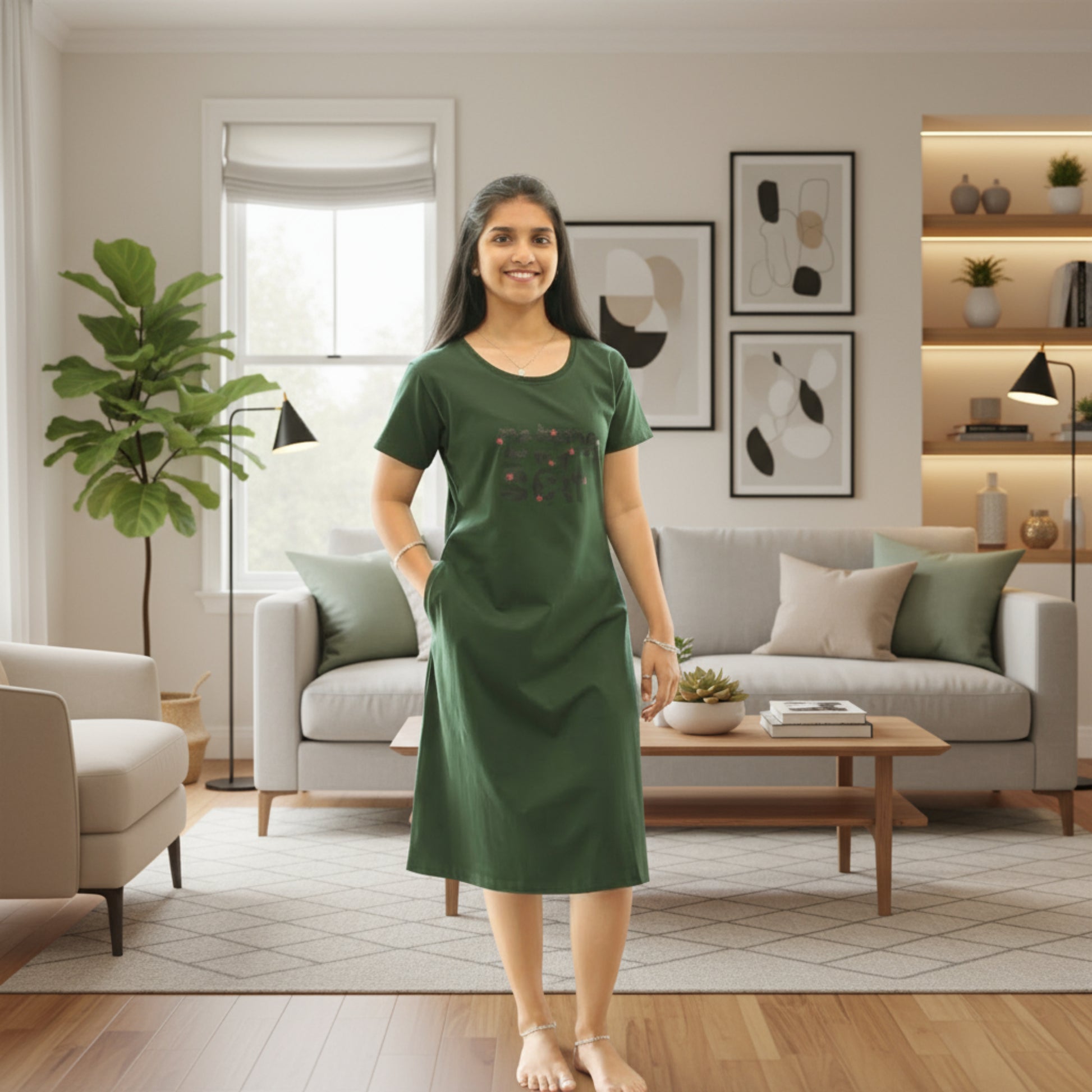 women wearing green color cotton short nighty , standing in casual pose putting hands in pocket