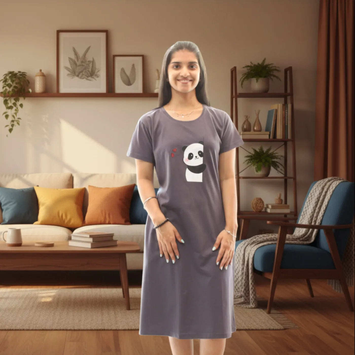 Woman wearing a grey short nighty with a panda design in a living room.