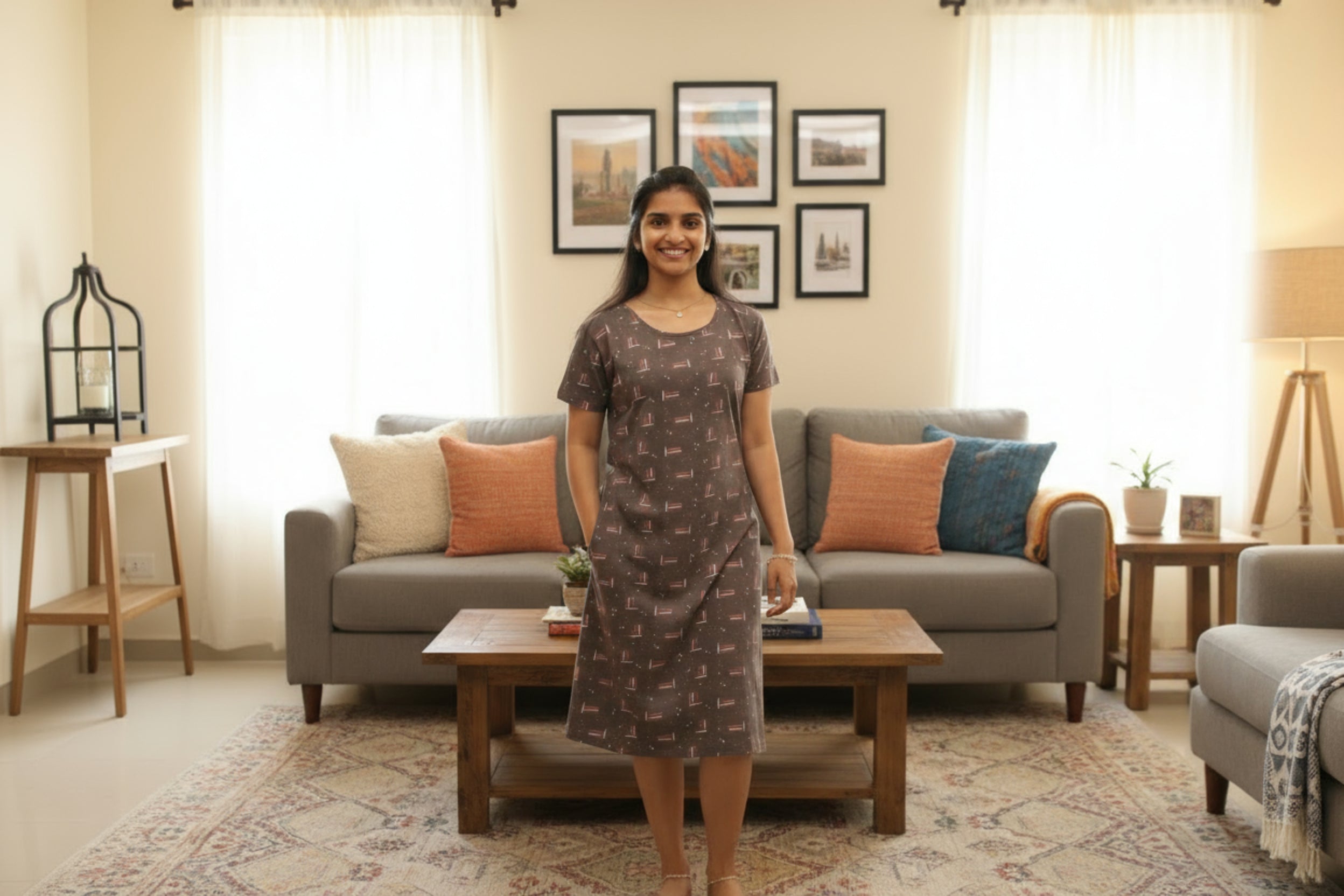 women wearing light grey all over printed cotton short nighty with pocket