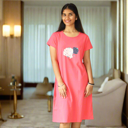 coral color cotton knee length t shirt dress for women with print on chest