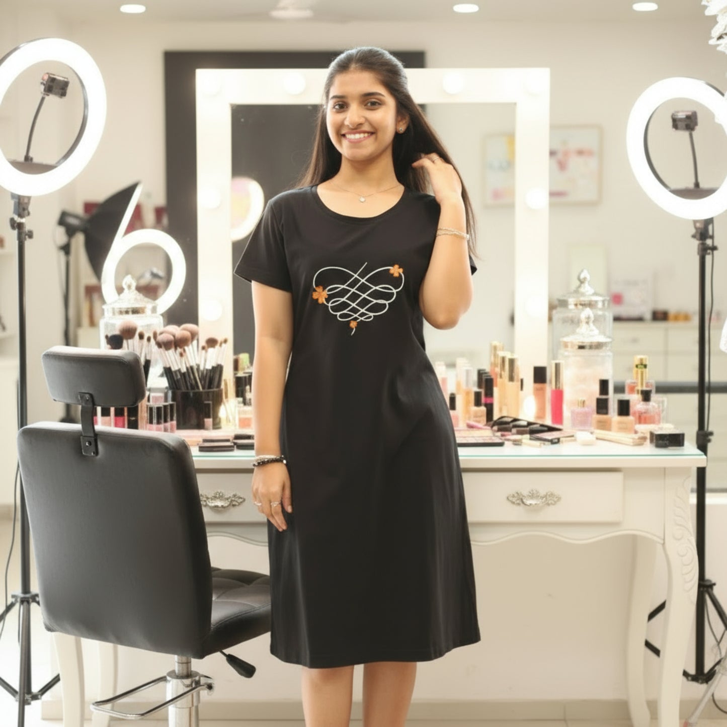 women wearing black short gown , floral print in the chest area