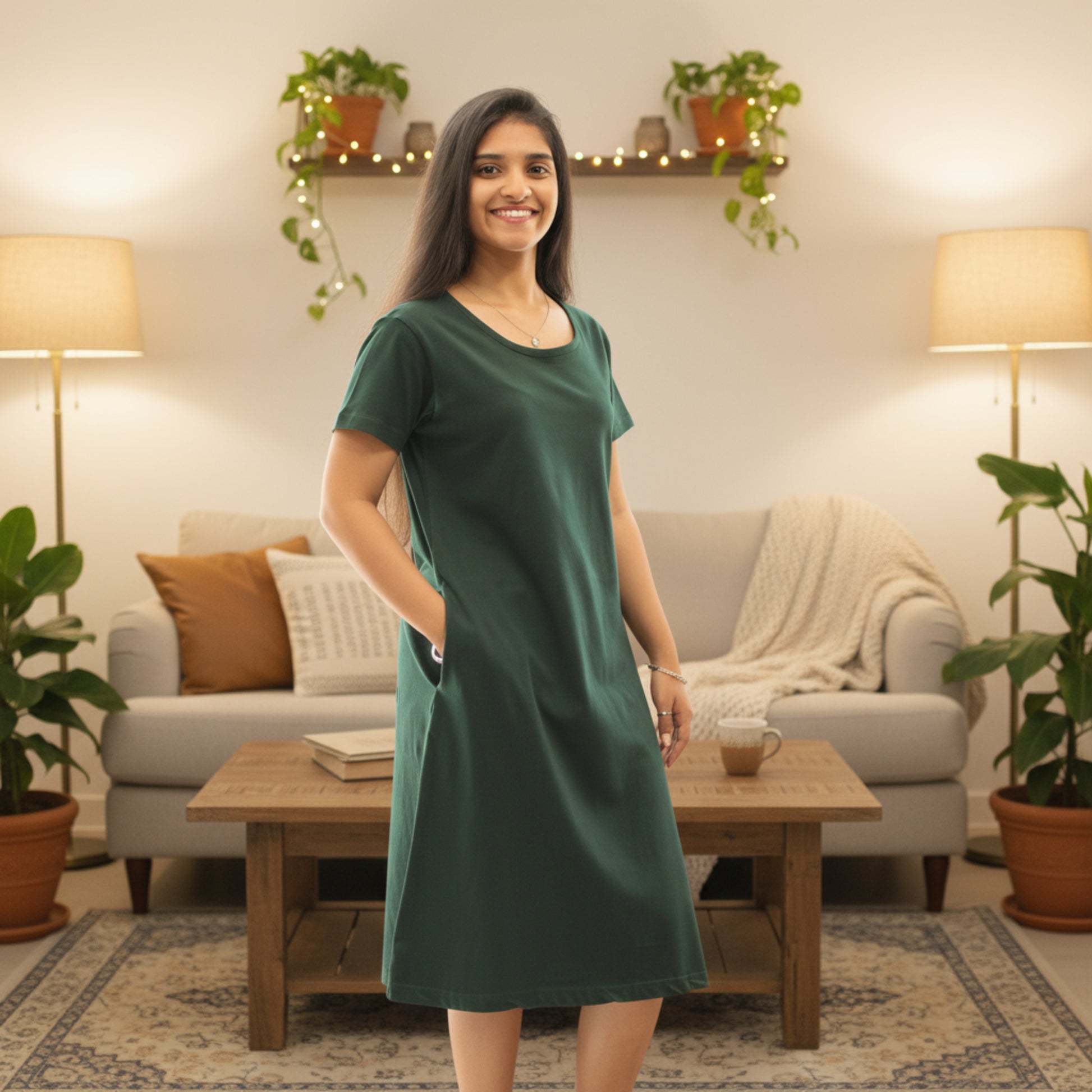 women wearing knee length cotton t shirt dress with hands in pocket