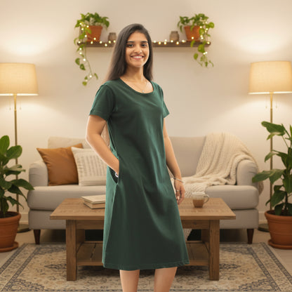 women wearing knee length cotton t shirt dress with hands in pocket