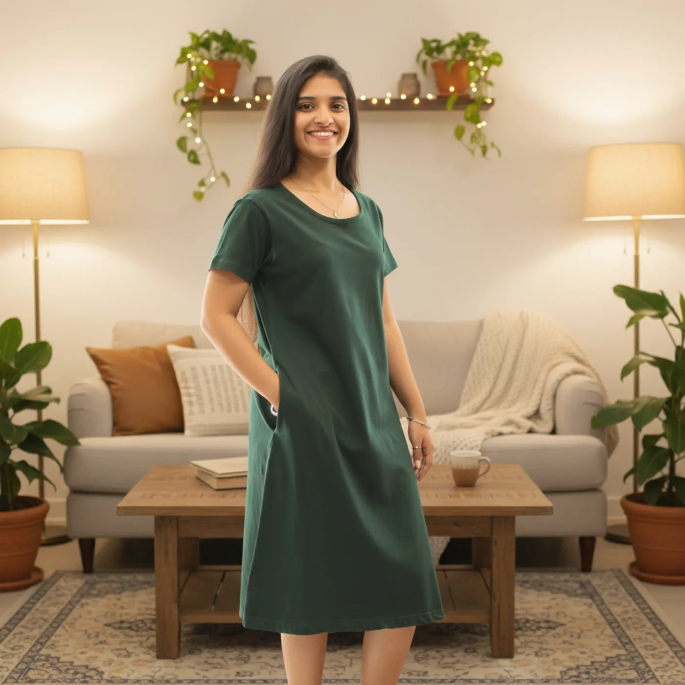 women wearing knee length cotton t shirt dress with hands in pocket