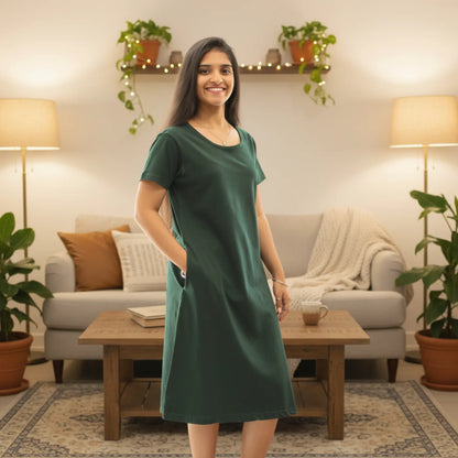 women wearing knee length cotton t shirt dress with hands in pocket