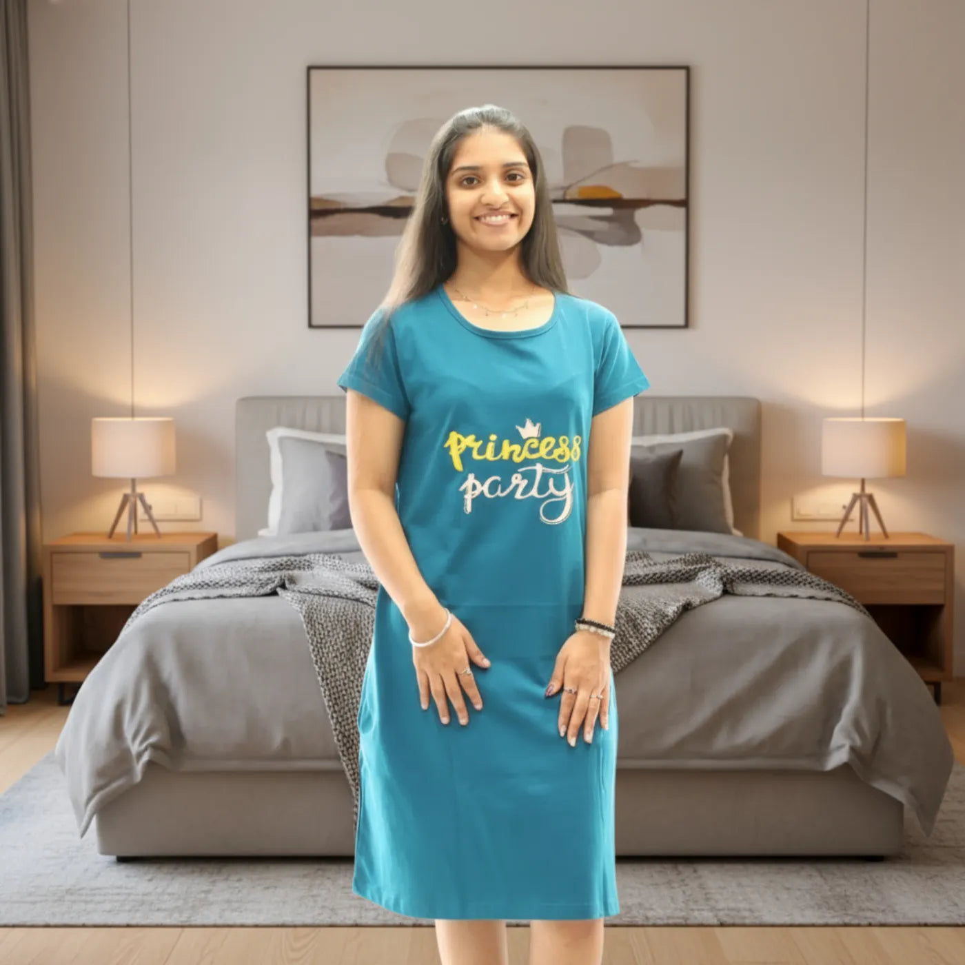 women wearing cotton short night gown with princess party design printed on chest area