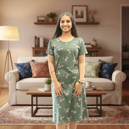 Women's Cotton Printed Knee Length Short Nighty with Pocket - Mehendi Green