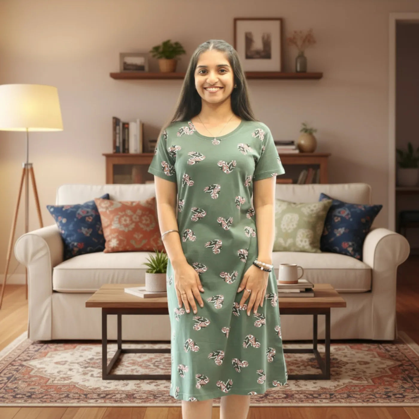 Women wearing a mehendi green color cotton short nighty with prints all over
