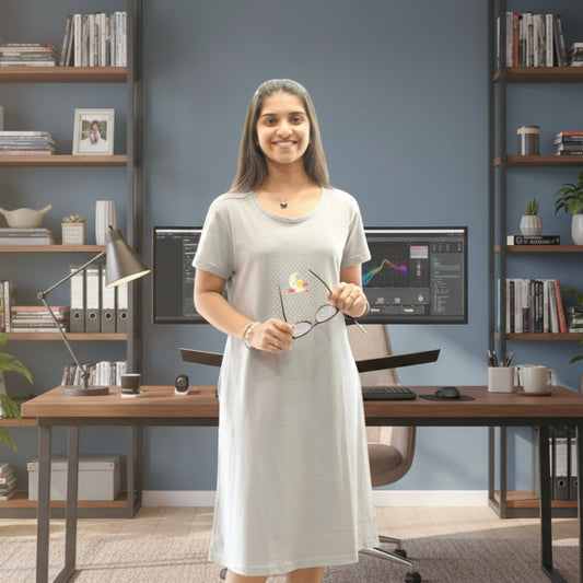 women wearing light grey knee length t shirt dress , holding a goggles in hand