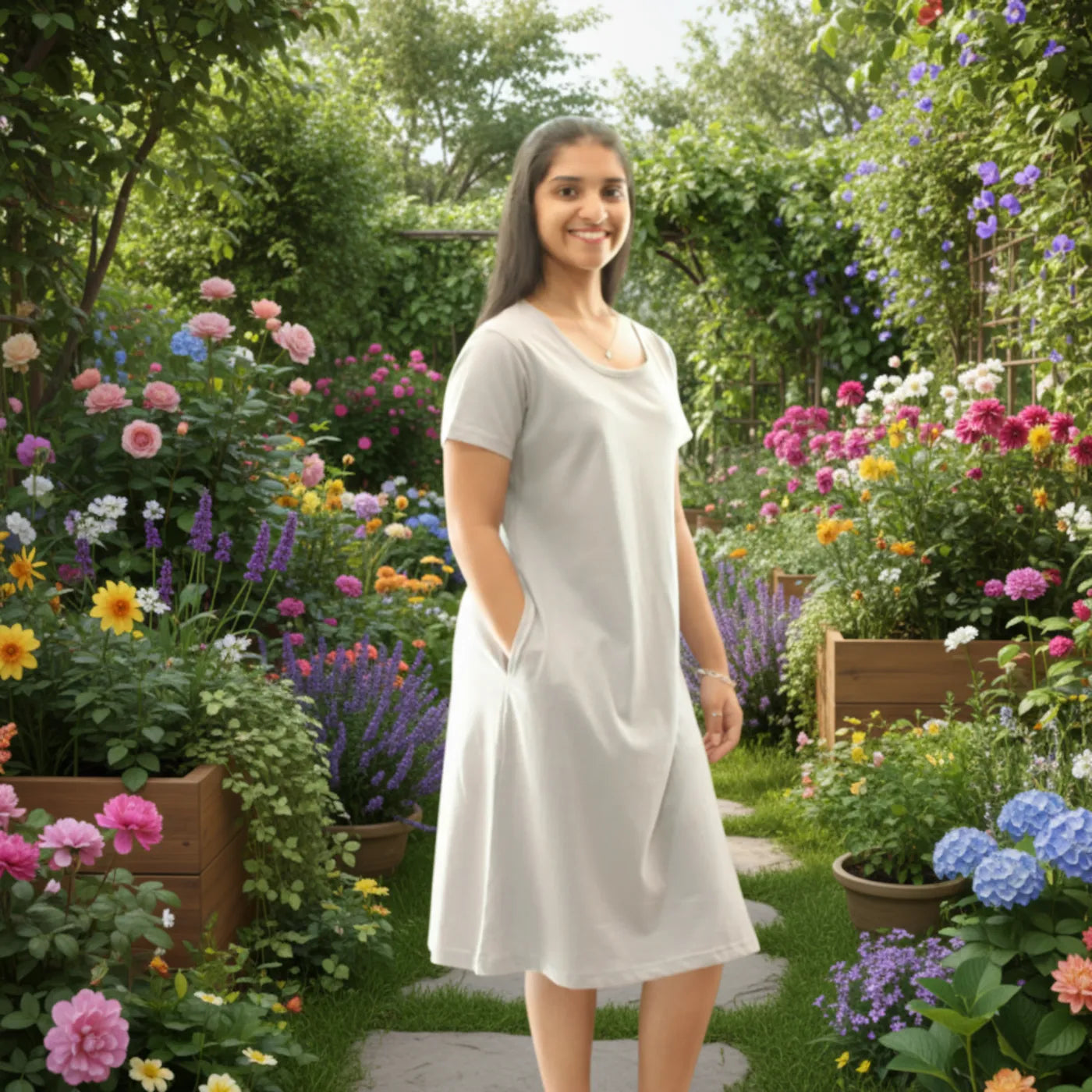 Women wearing light grey t shirt dress, standing in a garden filled with colorful flowers and plants