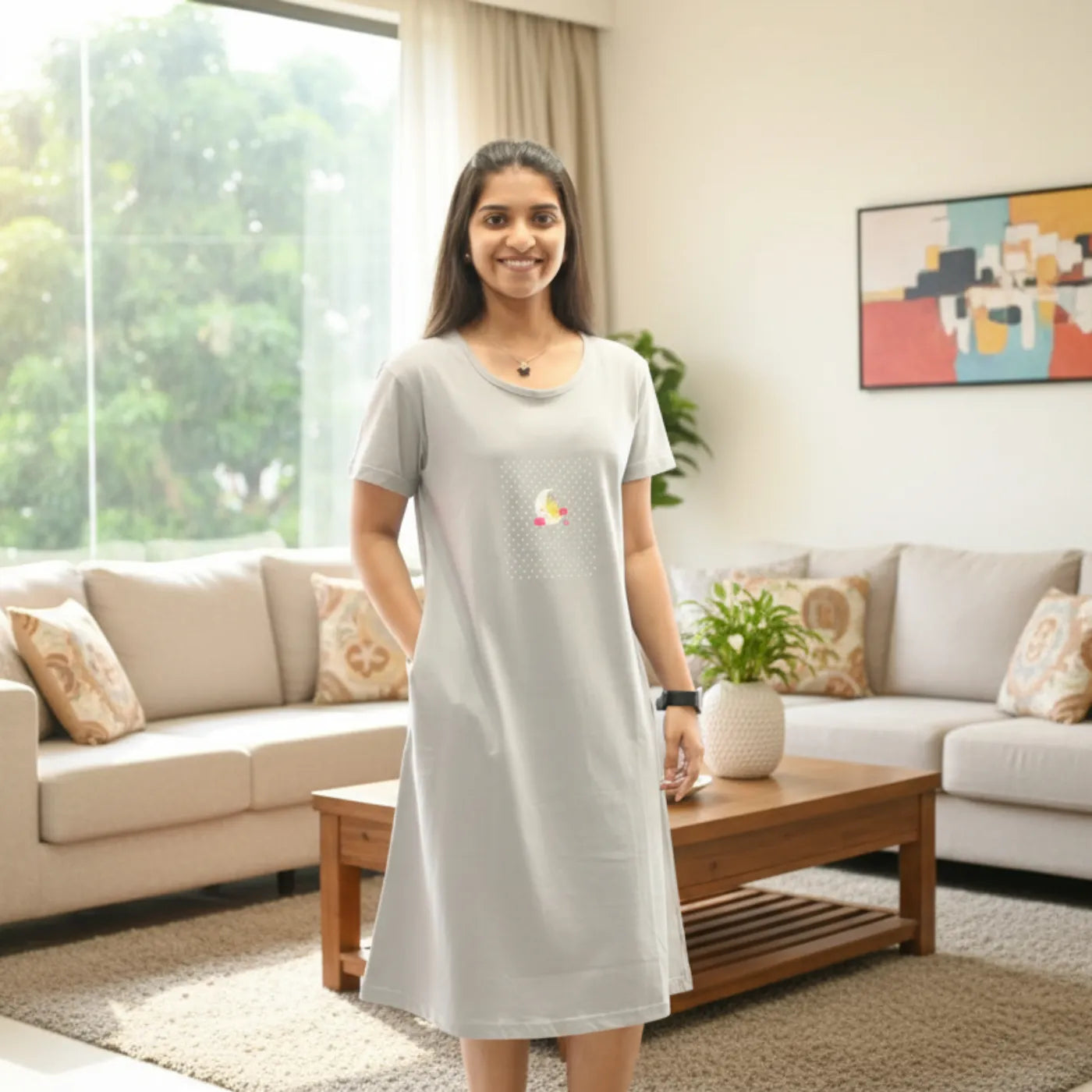 Women's Cotton Solid Knee Length T-Shirt Dress with Pocket - Light Grey