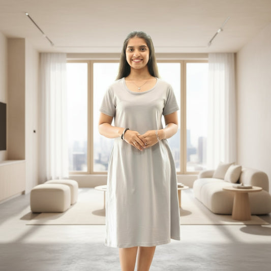 Woman in a light gray dress standing in a modern living room with large windows.