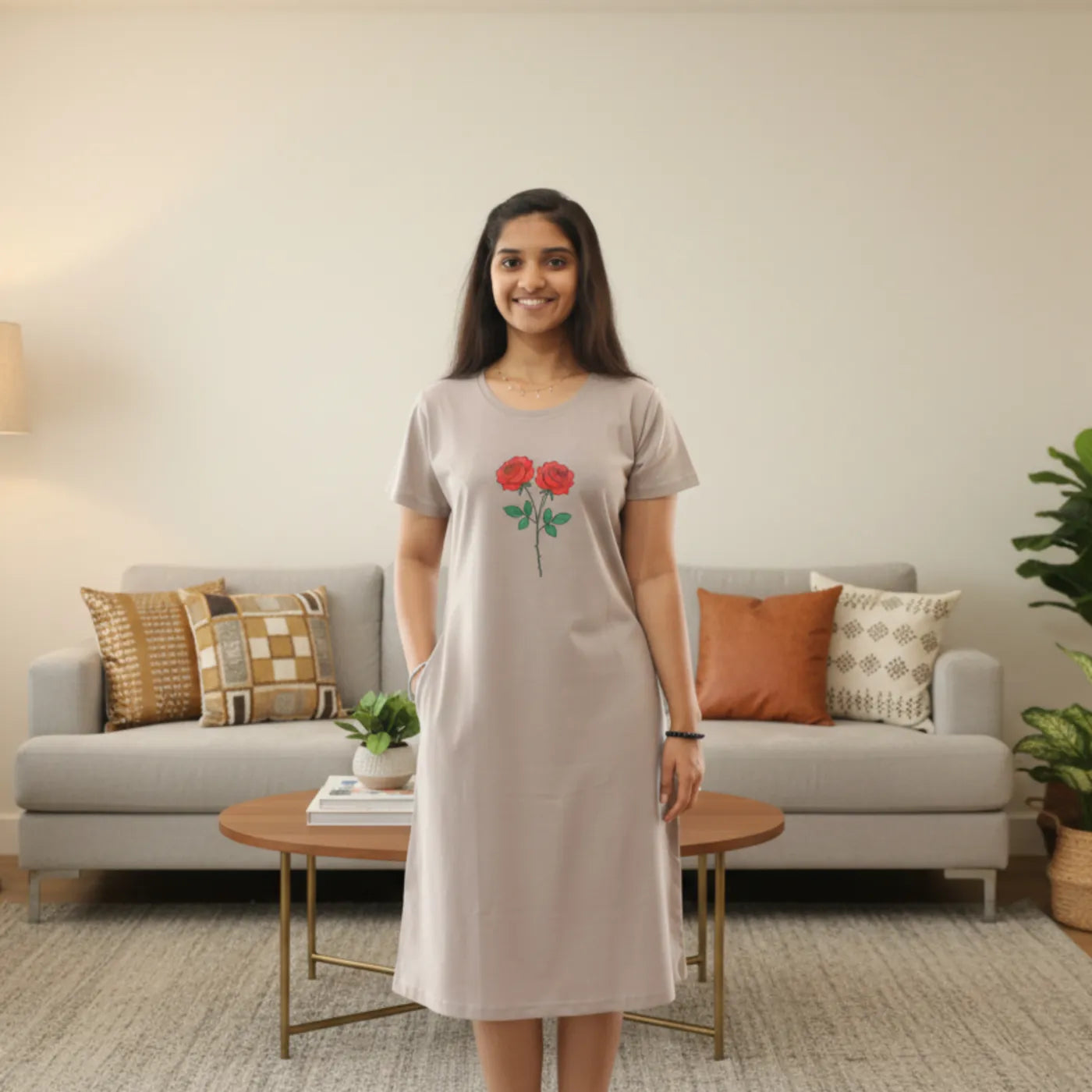 women wearing a light grey color cotton short nighty with floral design