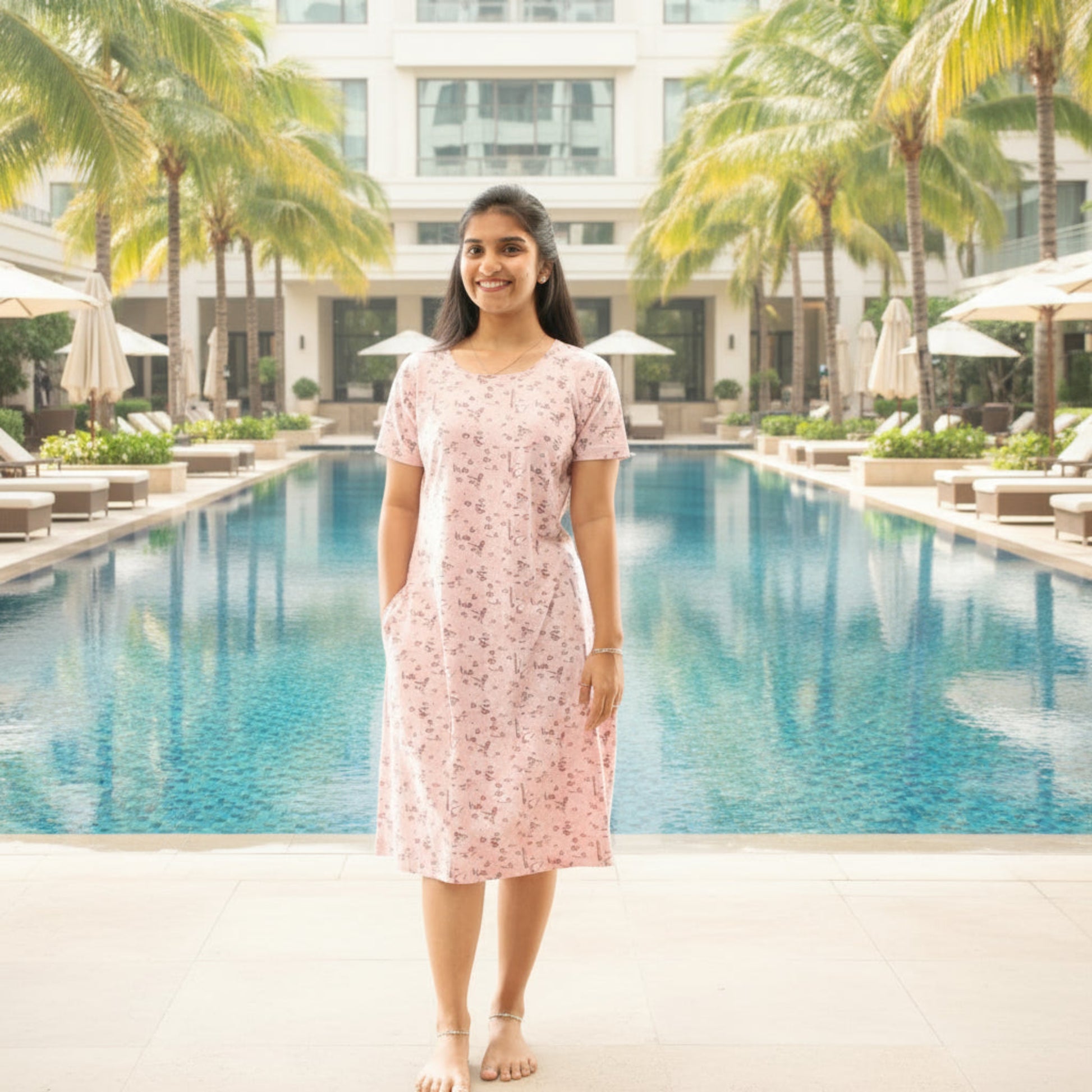 women wearing a pink color short nighty with pocket