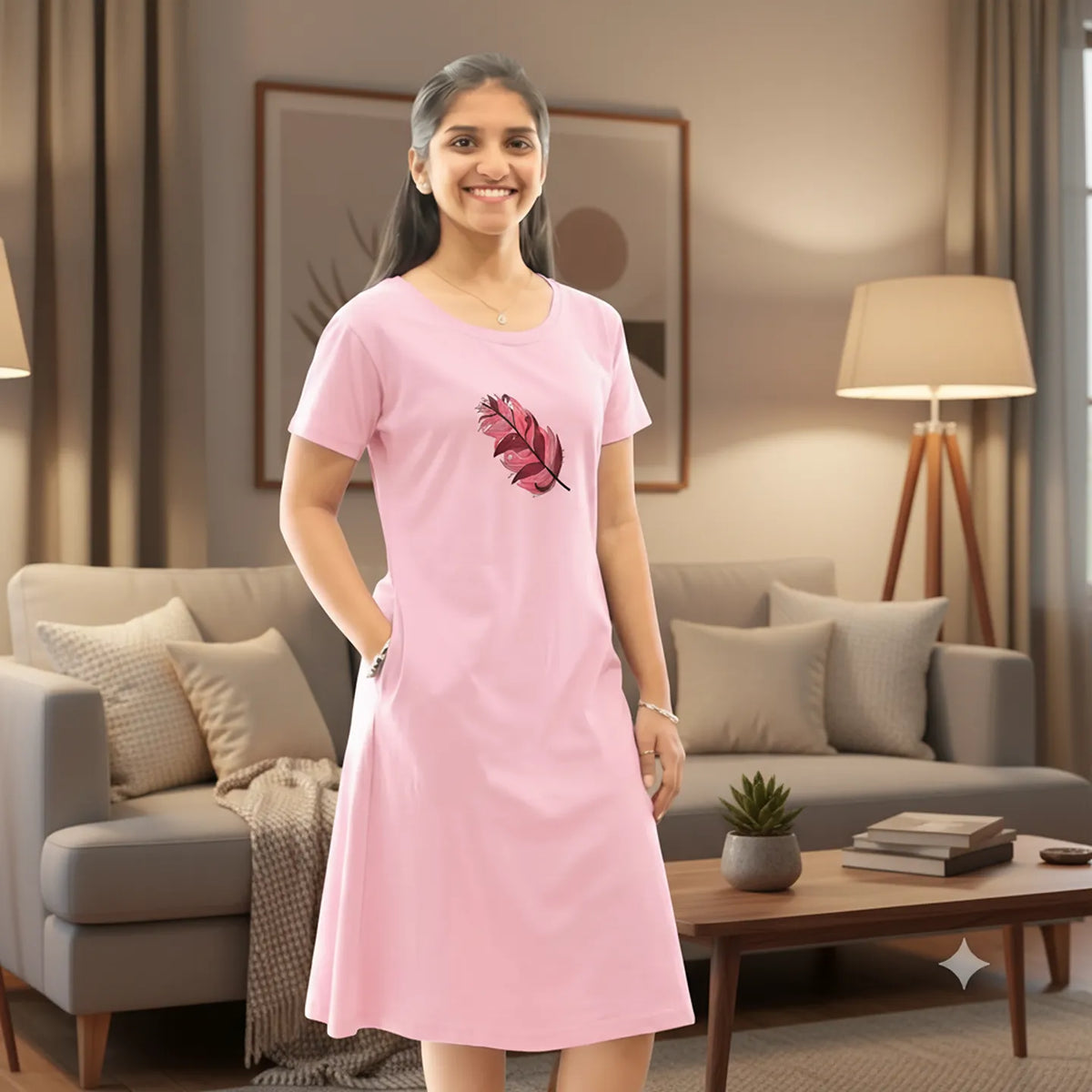 A woman wearing a light pink cotton knee length short  nighty with a red and pink feather graphic on the front, standing in a bright, modern living room with a gray sofa and plants.