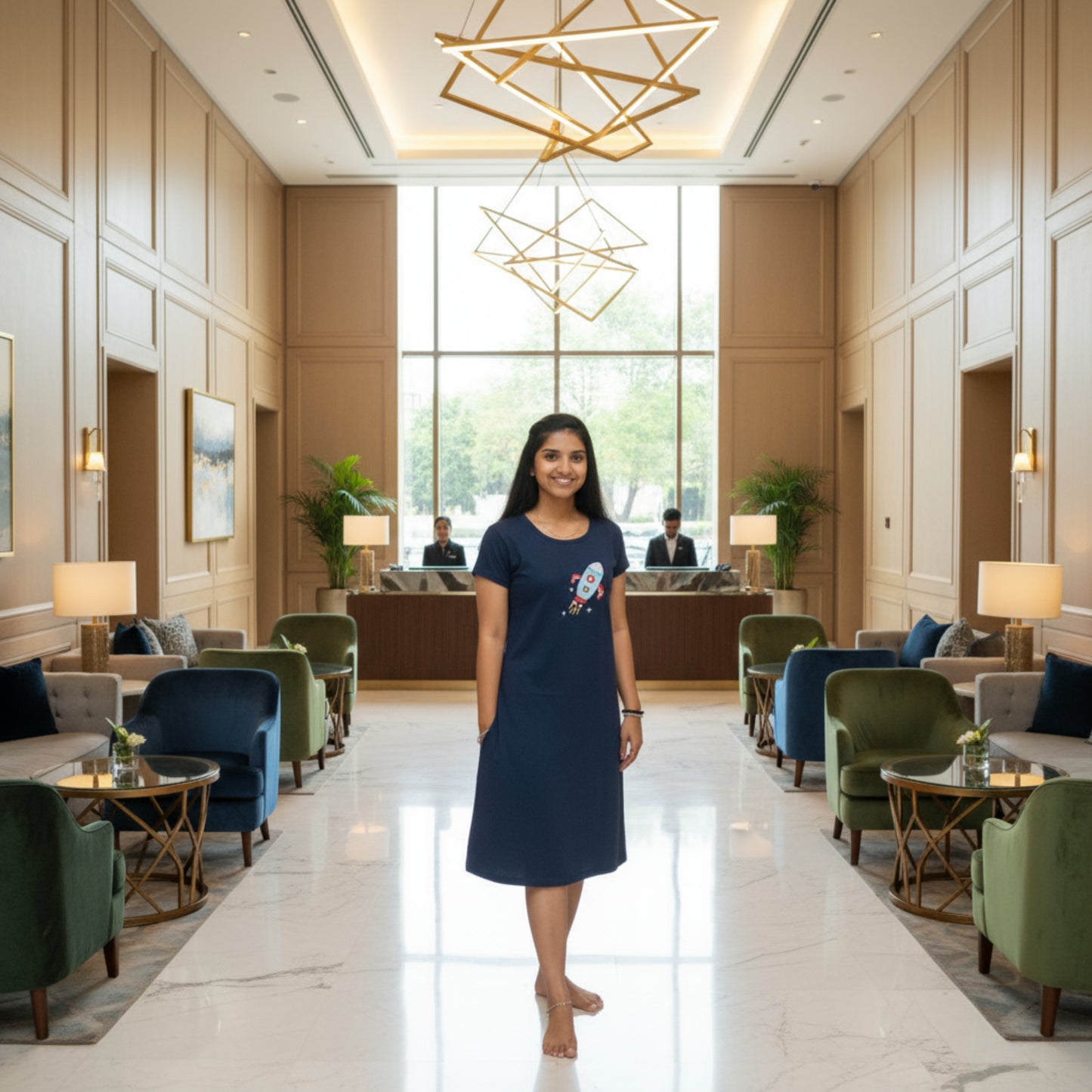 women wearing navy blue cotton knee length short nighty with pocket, rocket design printed on chest area 