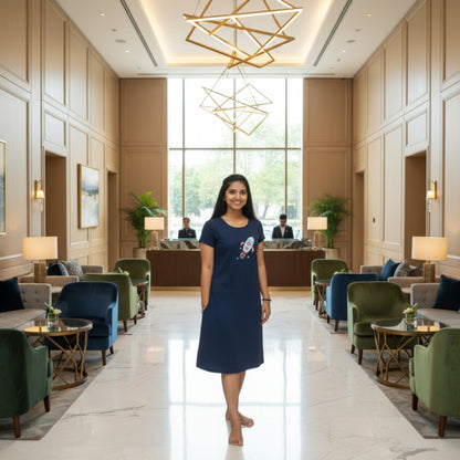 women wearing navy blue cotton knee length short nighty with pocket, rocket design printed on chest area 