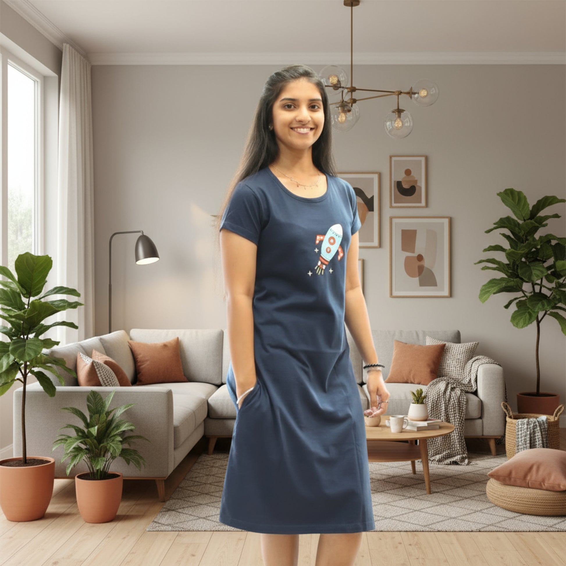 women wearing navy blue cotton knee length short nighty with pocket, rocket design printed in chest area 